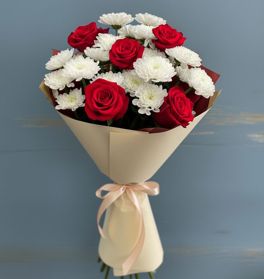 Букет цветов из: Розы и Хризантемы в Русском Камешкире