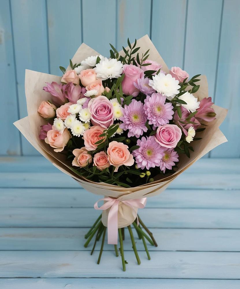 Букет цветов из: Хризантемы, Розы и Альстромерии в Русском Камешкире