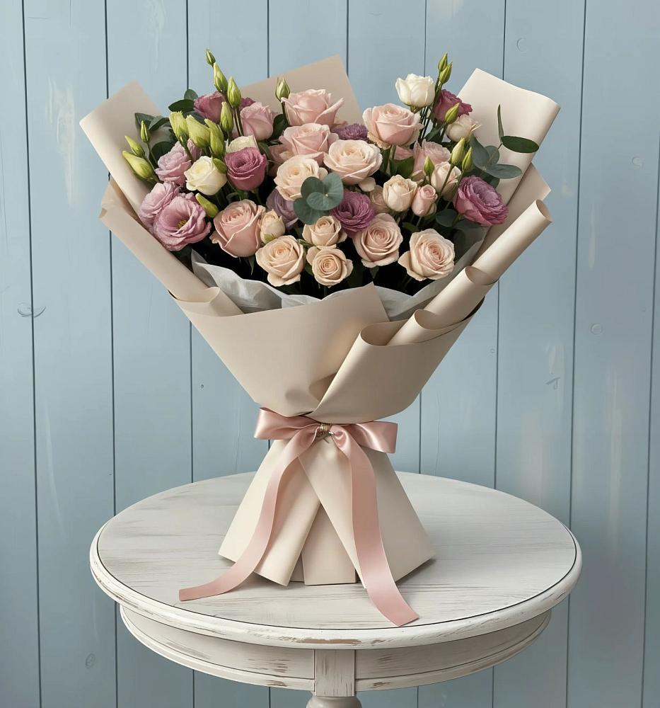 Букет цветов из: Розы и Лизиантусы в Русском Камешкире