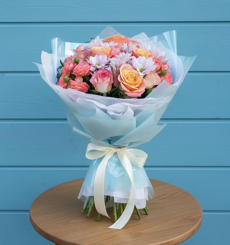 Букет цветов из: Хризантемы и Розы в Русском Камешкире