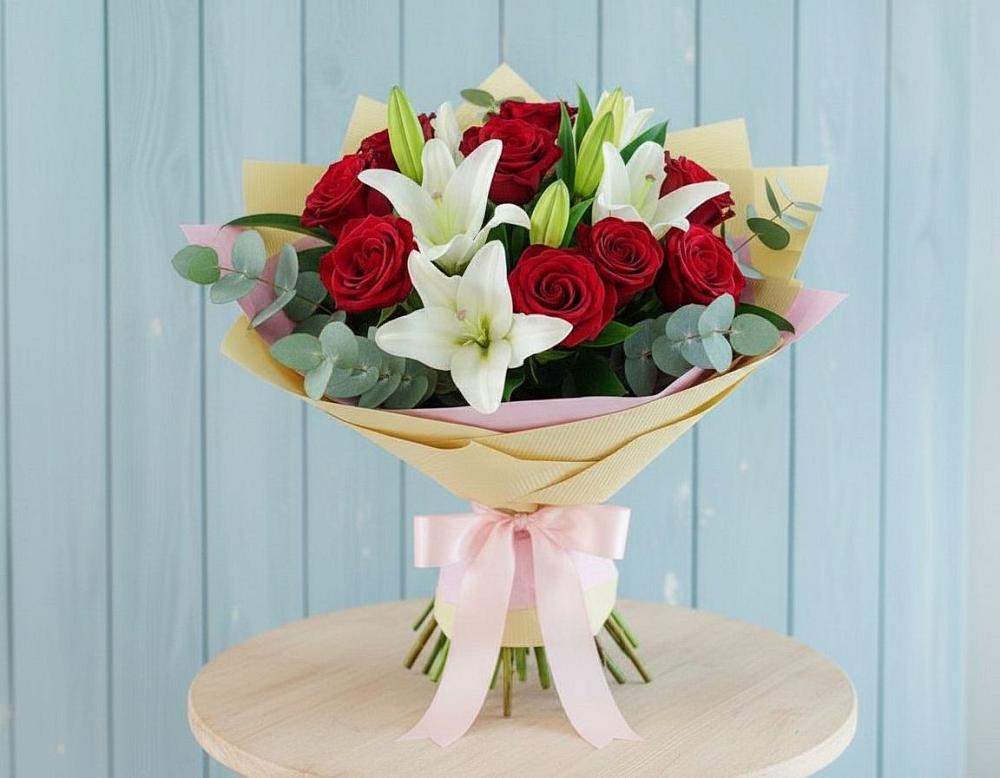 Букет цветов из: Лилии и Розы в Русском Камешкире